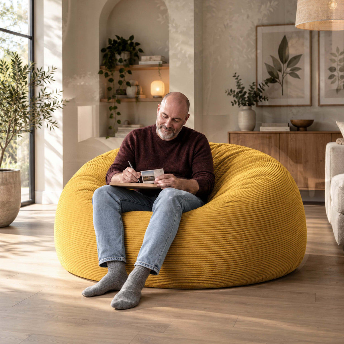 XXL Giant Round Corduroy Bean Bag Mustard Yellow