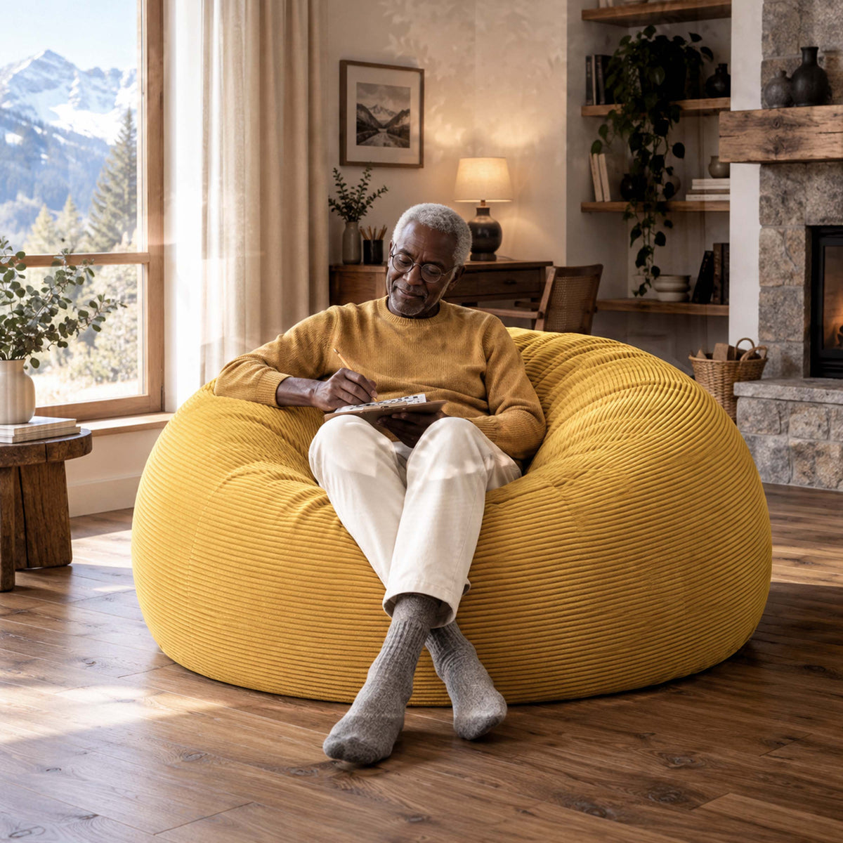 XXL Giant Round Corduroy Bean Bag Mustard Yellow