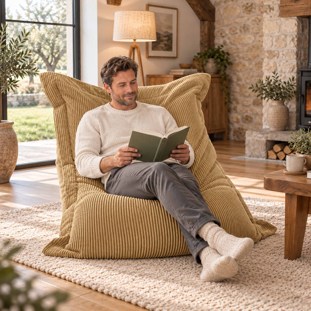 Pouf Velours Côtelé Beige doré, pouf design rectangulaire en velours côtelé, coin lecture lumineux salon chaleureux