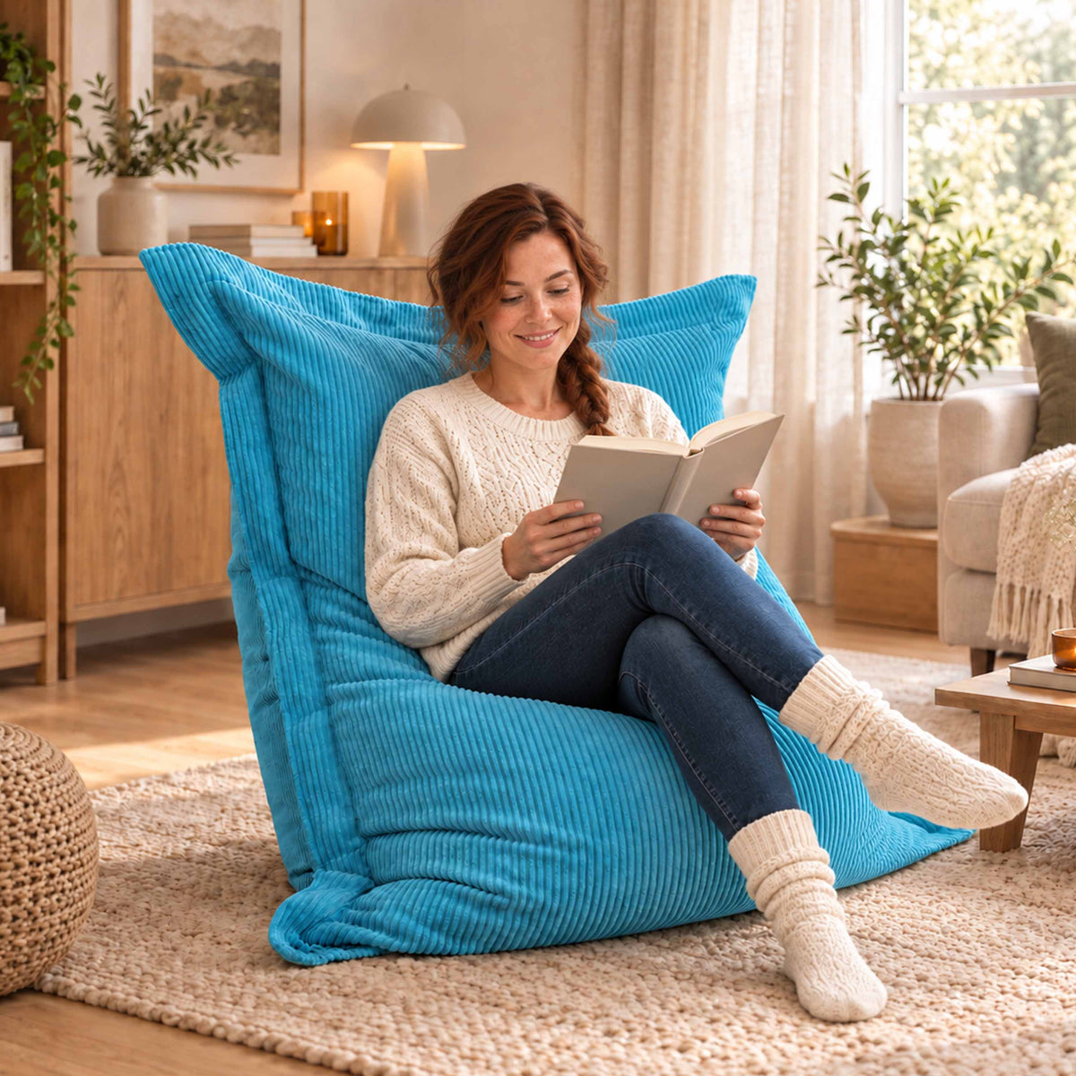 Pouf Velours Côtelé Bleu Ciel : assise rectangulaire en velours côtelé, confort moelleux pour lecture ou jeux vidéo à la maison