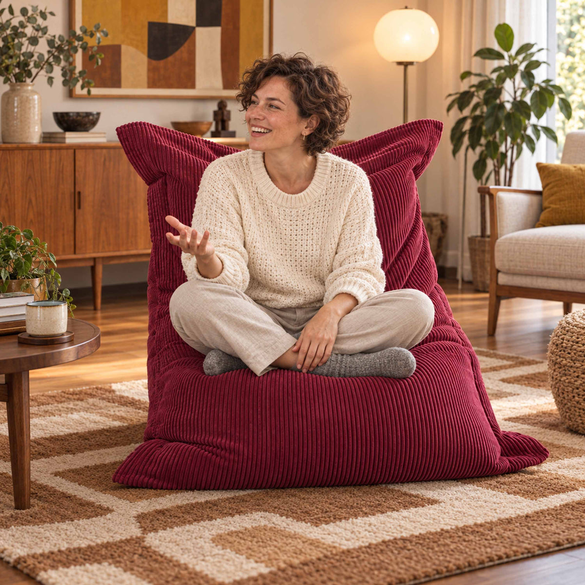 Pouf Velours Côtelé Cerise : pouf design en velours côtelé bordeaux, assise confortable dans un salon chaleureux