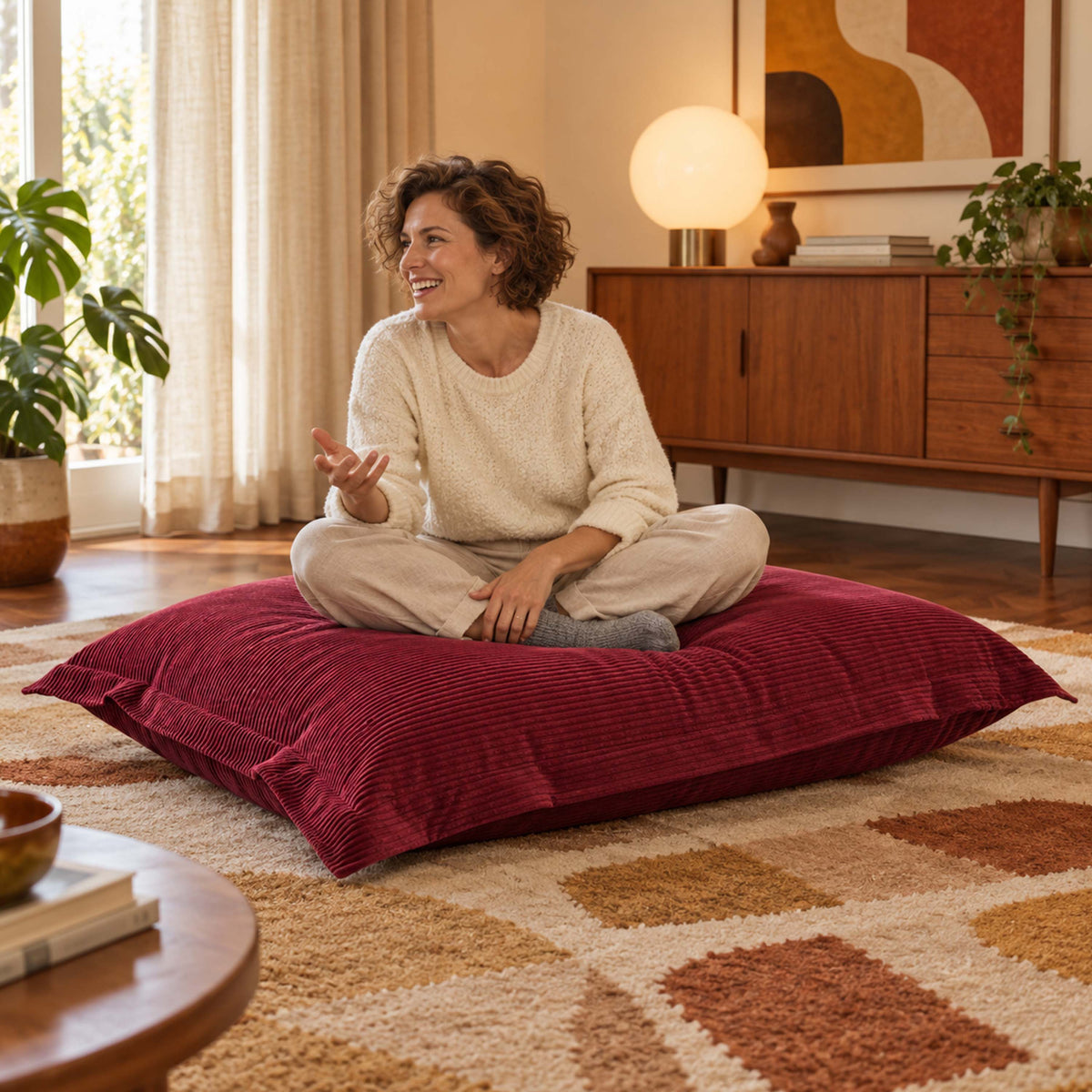 Pouf Velours Côtelé Cerise : coussin rectangulaire en velours côtelé cerise pour coin détente chaleureux
