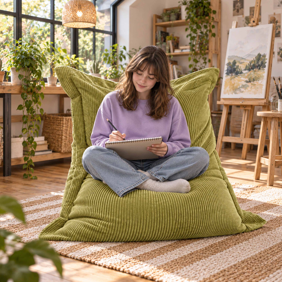 Pouf Velours Côtelé Vert olive clair, pouf rectangulaire en velours côtelé, assise confortable pour détente en intérieur