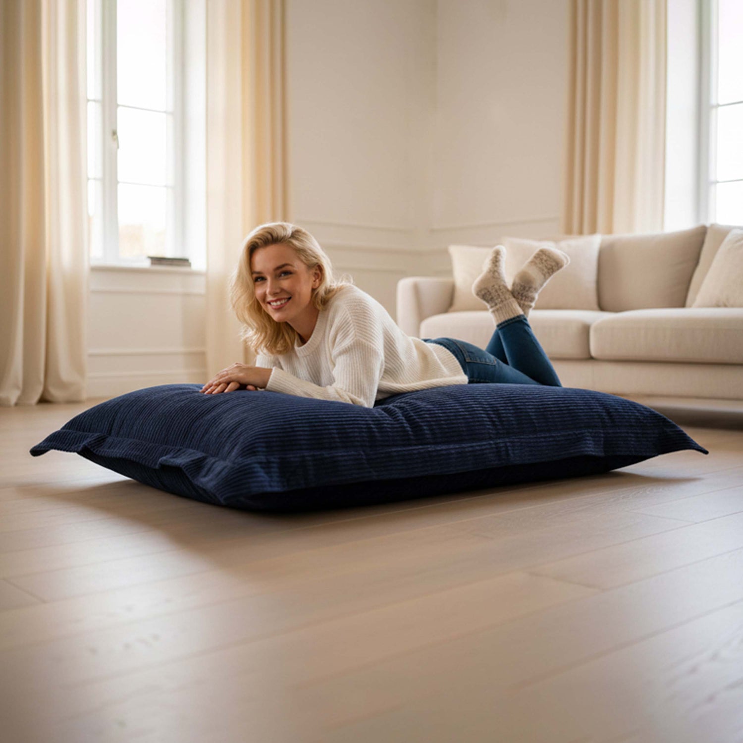 Pouf Velours Côtelé Bleu Marine