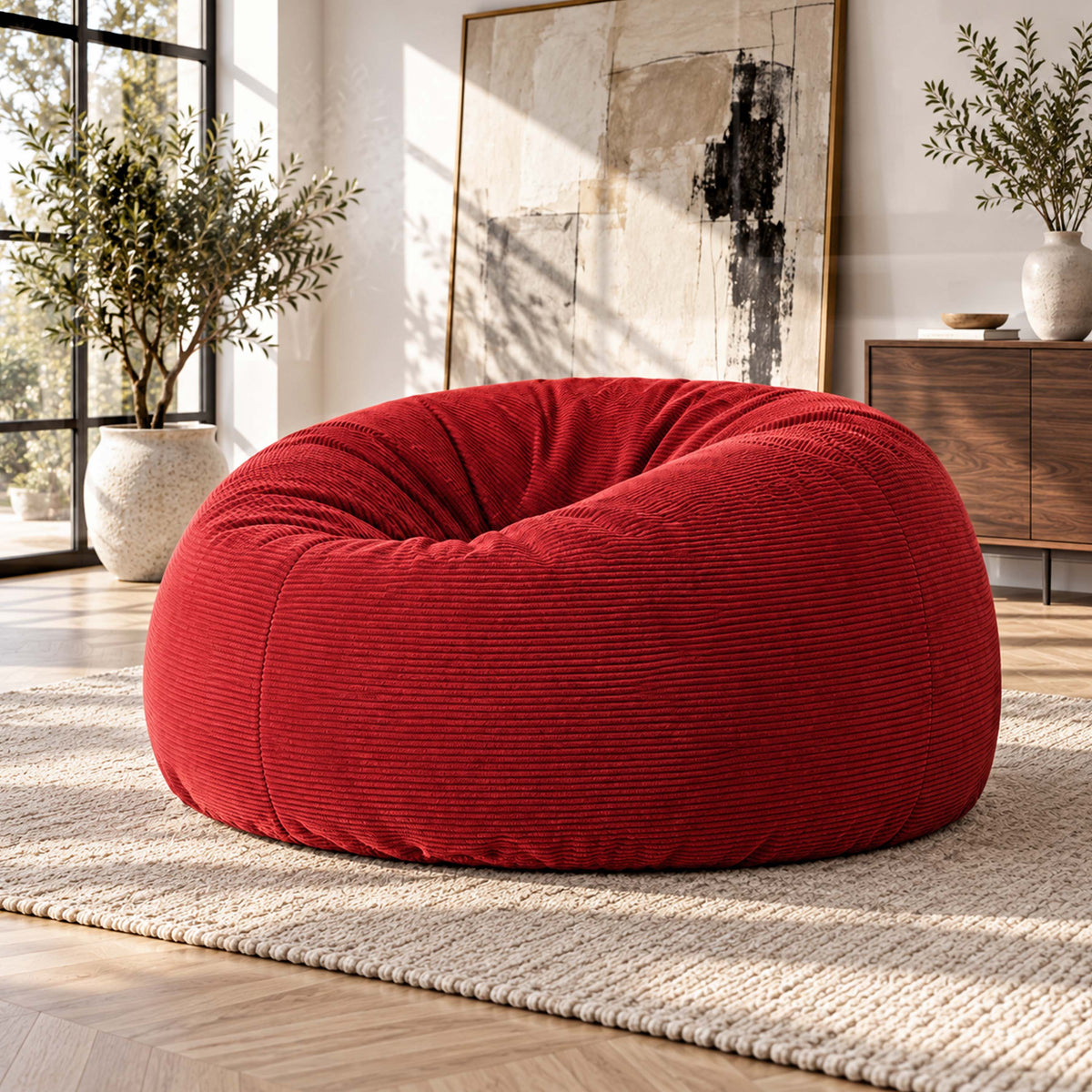 Riesiger runder XXL-Sitzsack aus rotem Cord