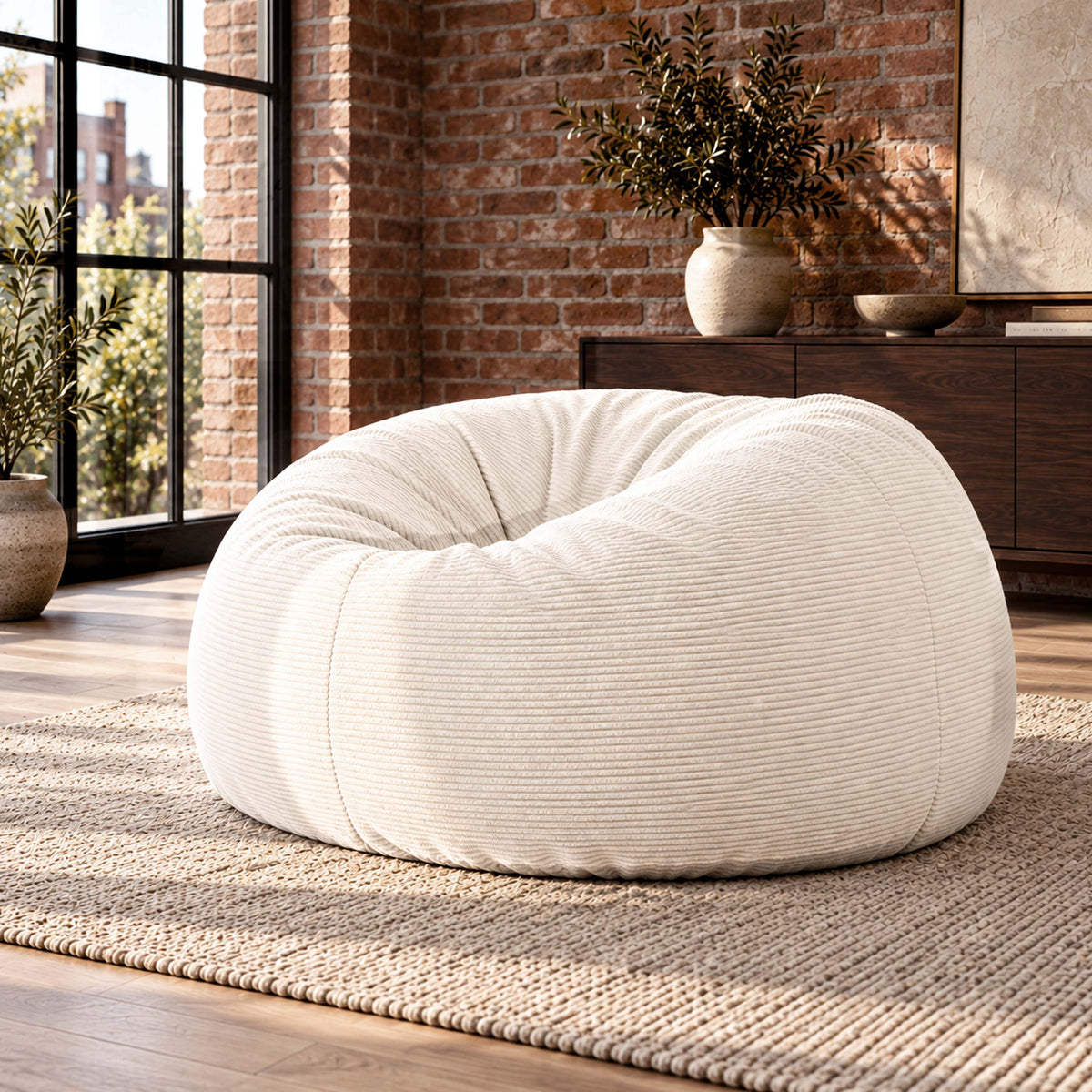 Pouf Géant Rond XXL Velours Côtelé Beige